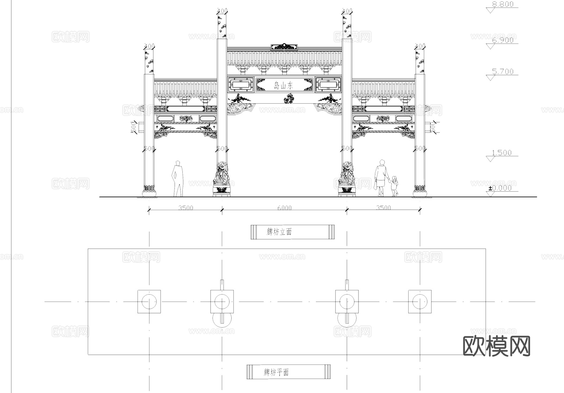 东山岛牌坊牌楼古建筑平立面CAD施工图cad施工图