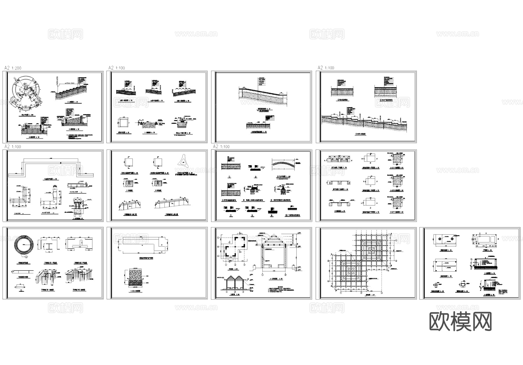 景观台阶铺装坐凳小品亭子CAD节点施工图合集cad施工图