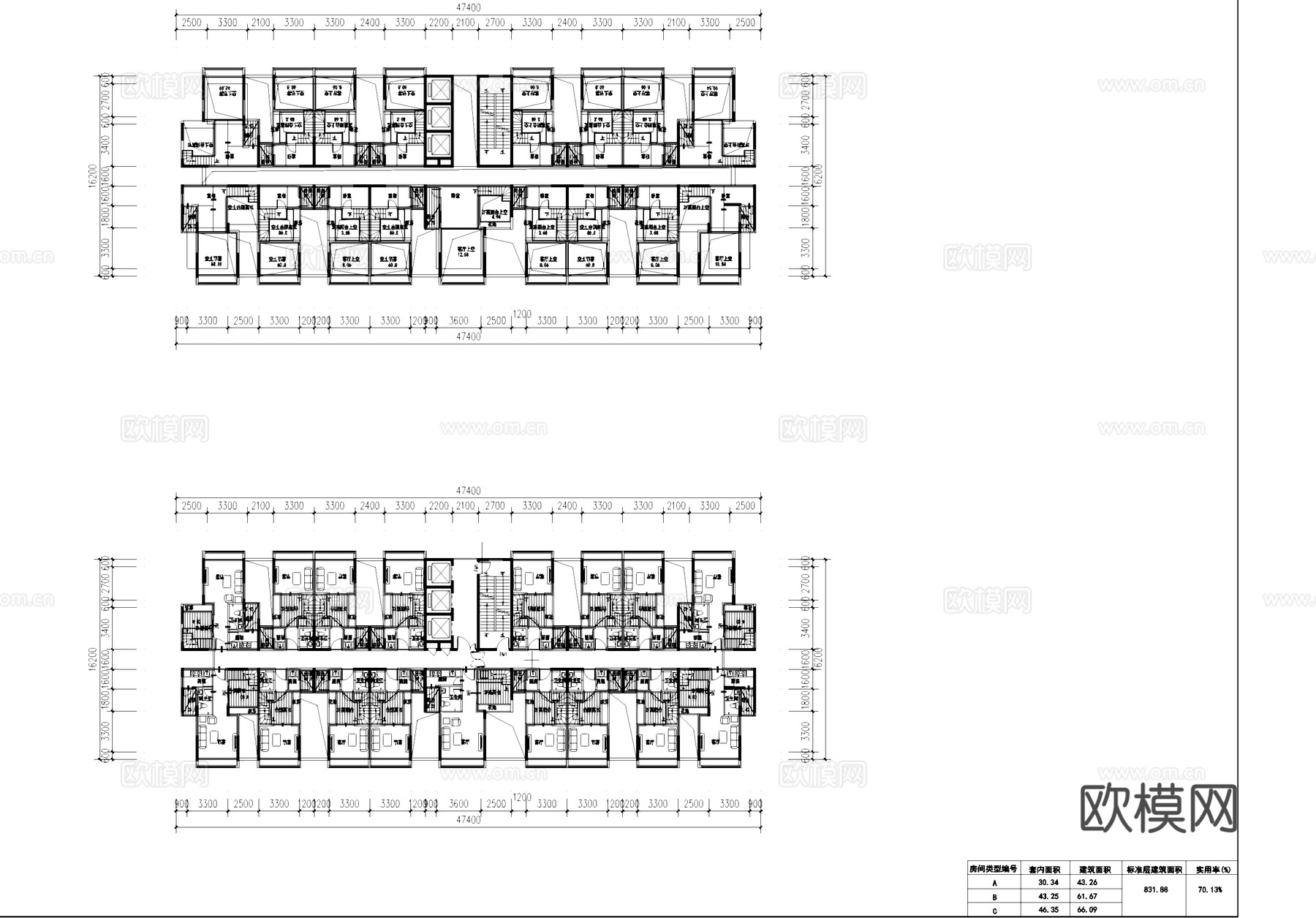 复式公寓户型建筑平面CAD施工图cad施工图
