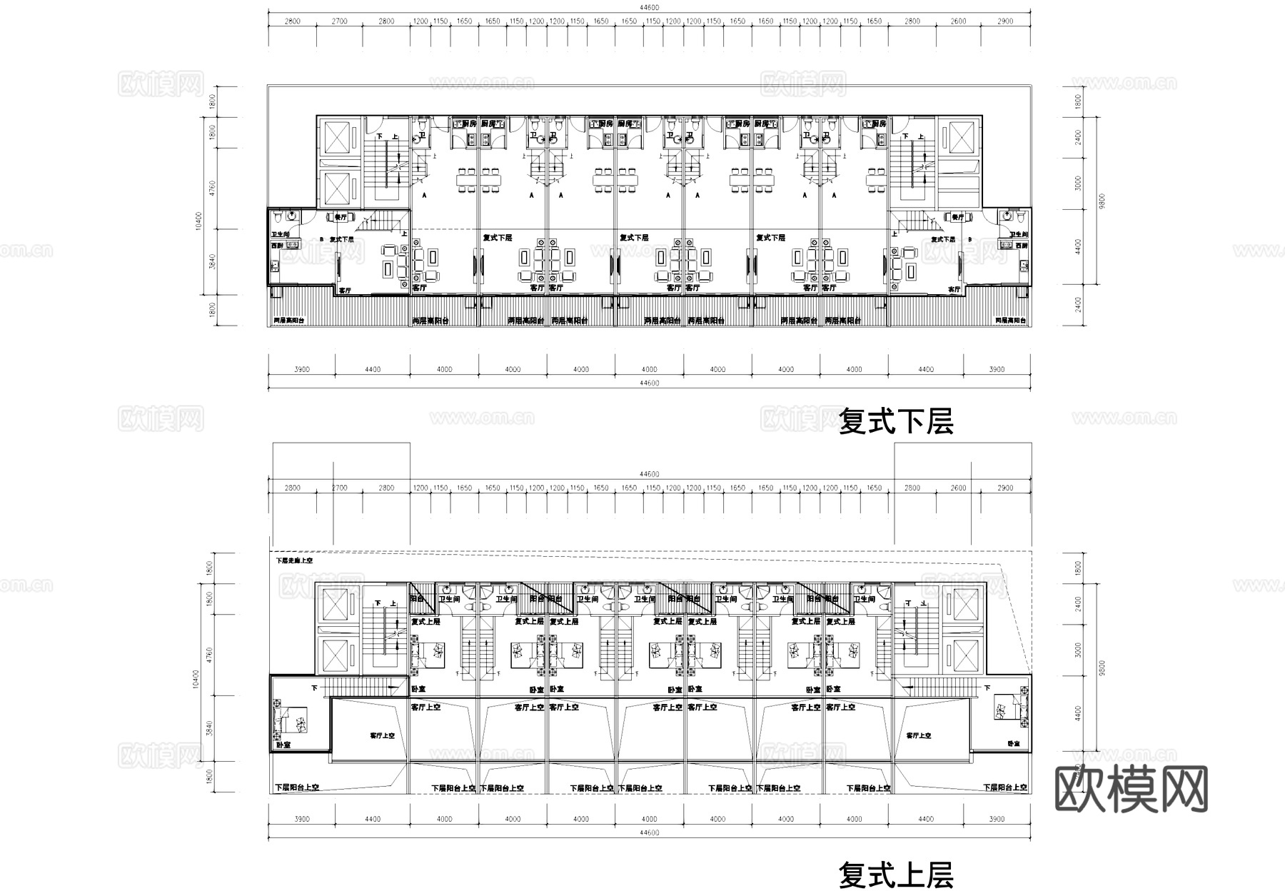 复式公寓平面户型图建筑CAD施工图cad施工图