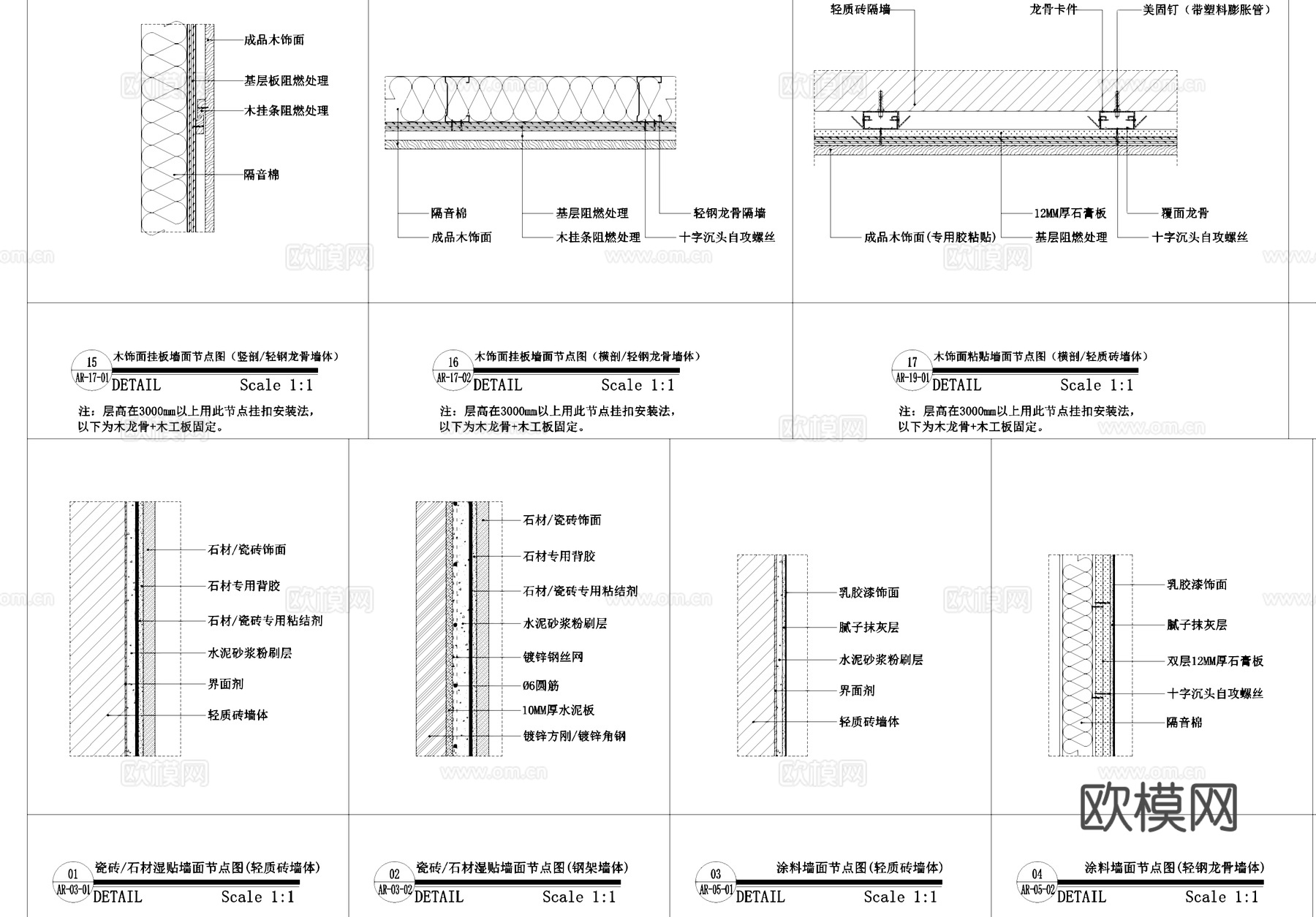 各材料标准墙面工艺节点CAD施工图集cad施工图