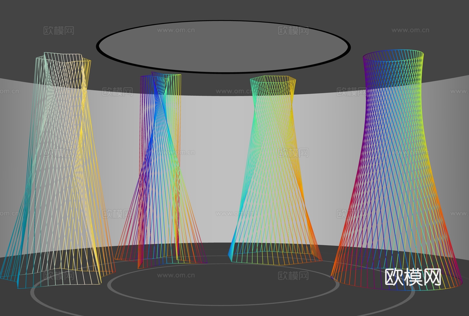 艺术彩虹装置 抽象彩虹雕塑 七彩线性艺术装置 幻彩装置 渐变su模型
