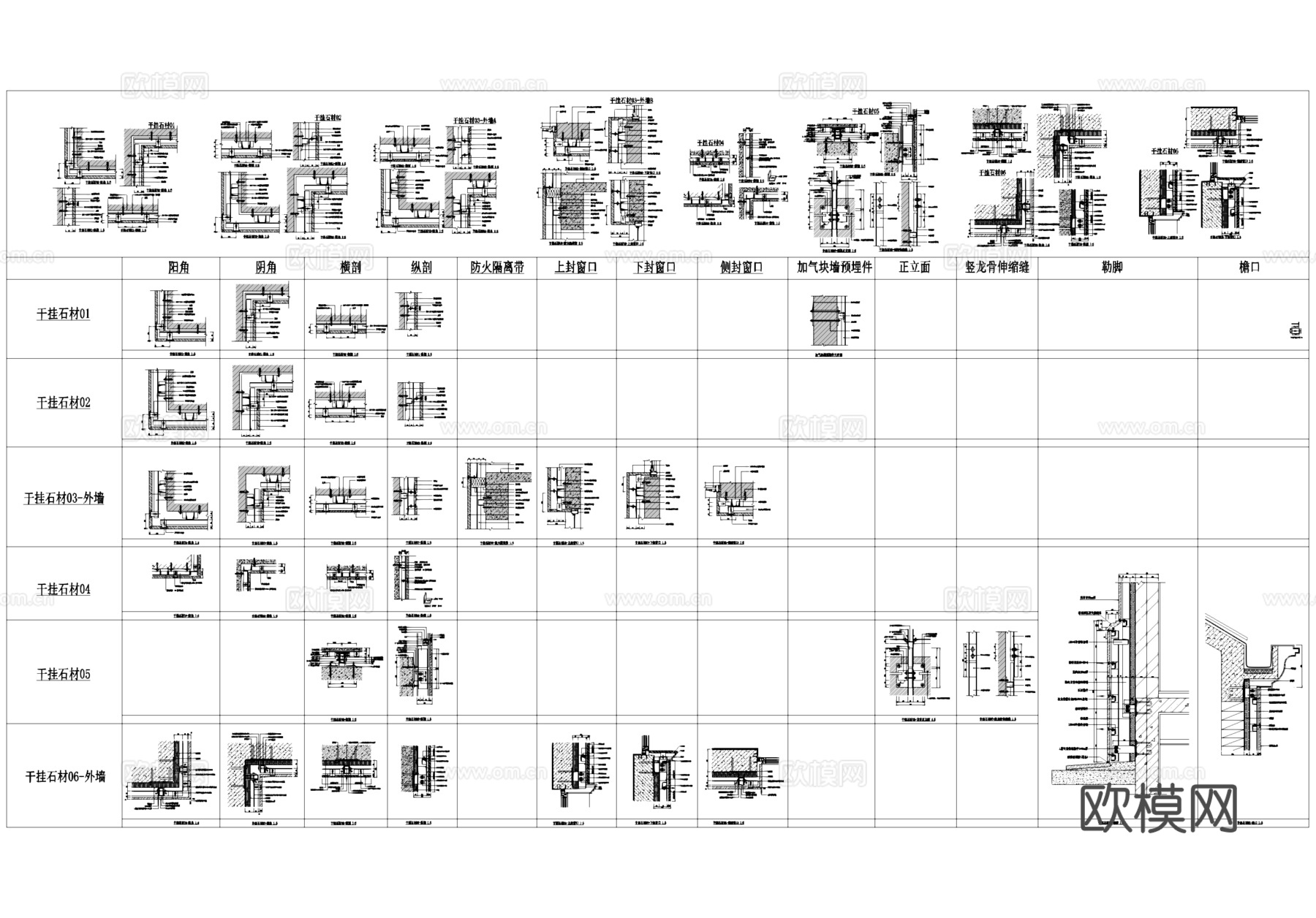 干挂石材节点大样CAD施工详图集cad施工图