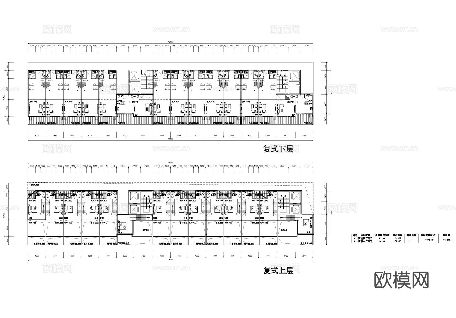 复式公寓平面户型图建筑CAD施工图cad施工图