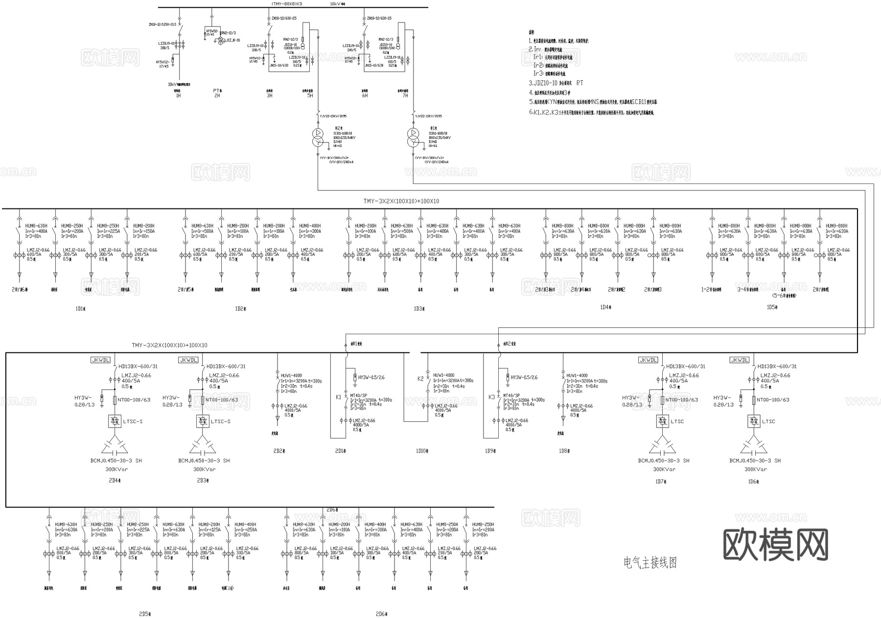 洗水车间配电房电气主接线图 变压器配电系统图电气设备布置平面cad施工图