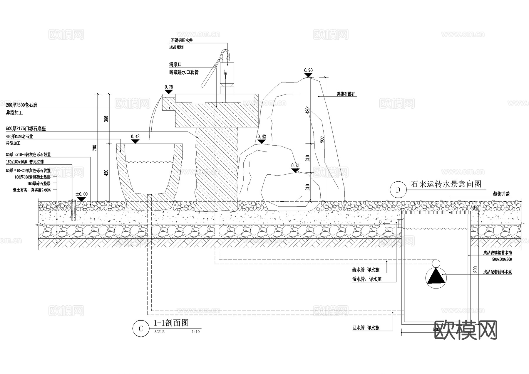 中式禅意 石磨石盆竹流水器 门墩石圆米臼小品CAD施工图cad施工图