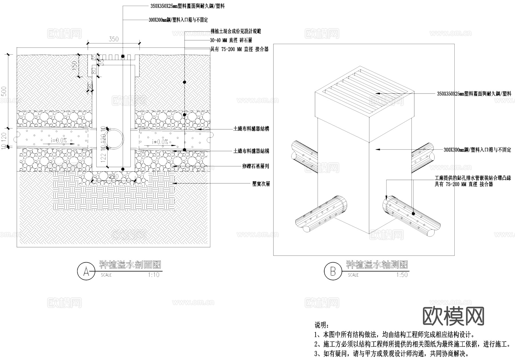 排水沟 排水管 篦子 排水口灌溉取水口 种植槽溢水排水cad施工图