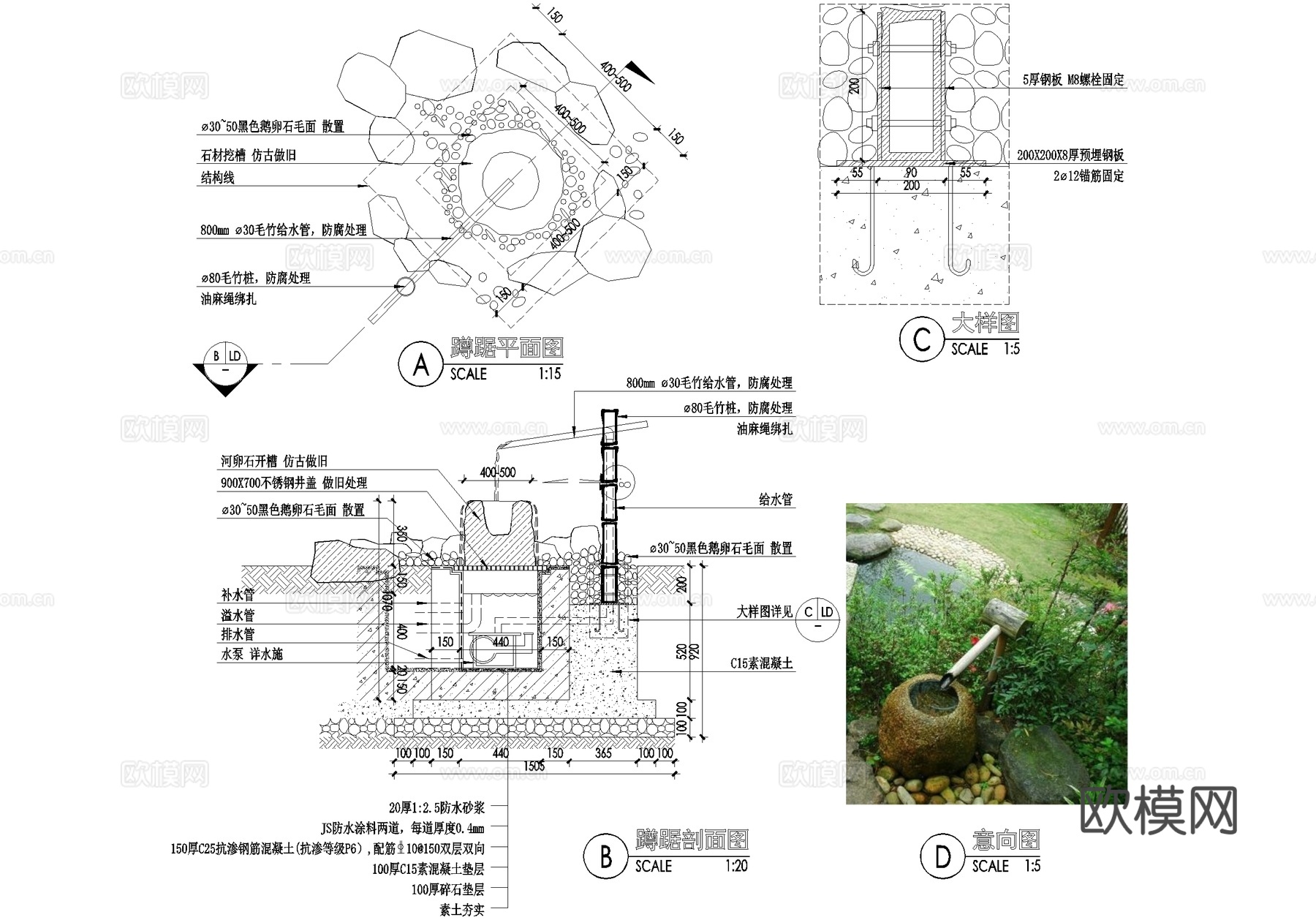 日式禅意蹲踞洗手钵水景石钵跌水水钵小品CAD施工图cad施工图