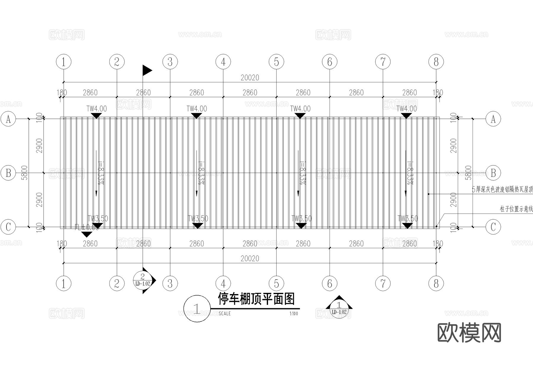 车棚 机动车棚 铝板雨棚 遮阳棚 钢结构雨棚cad施工图