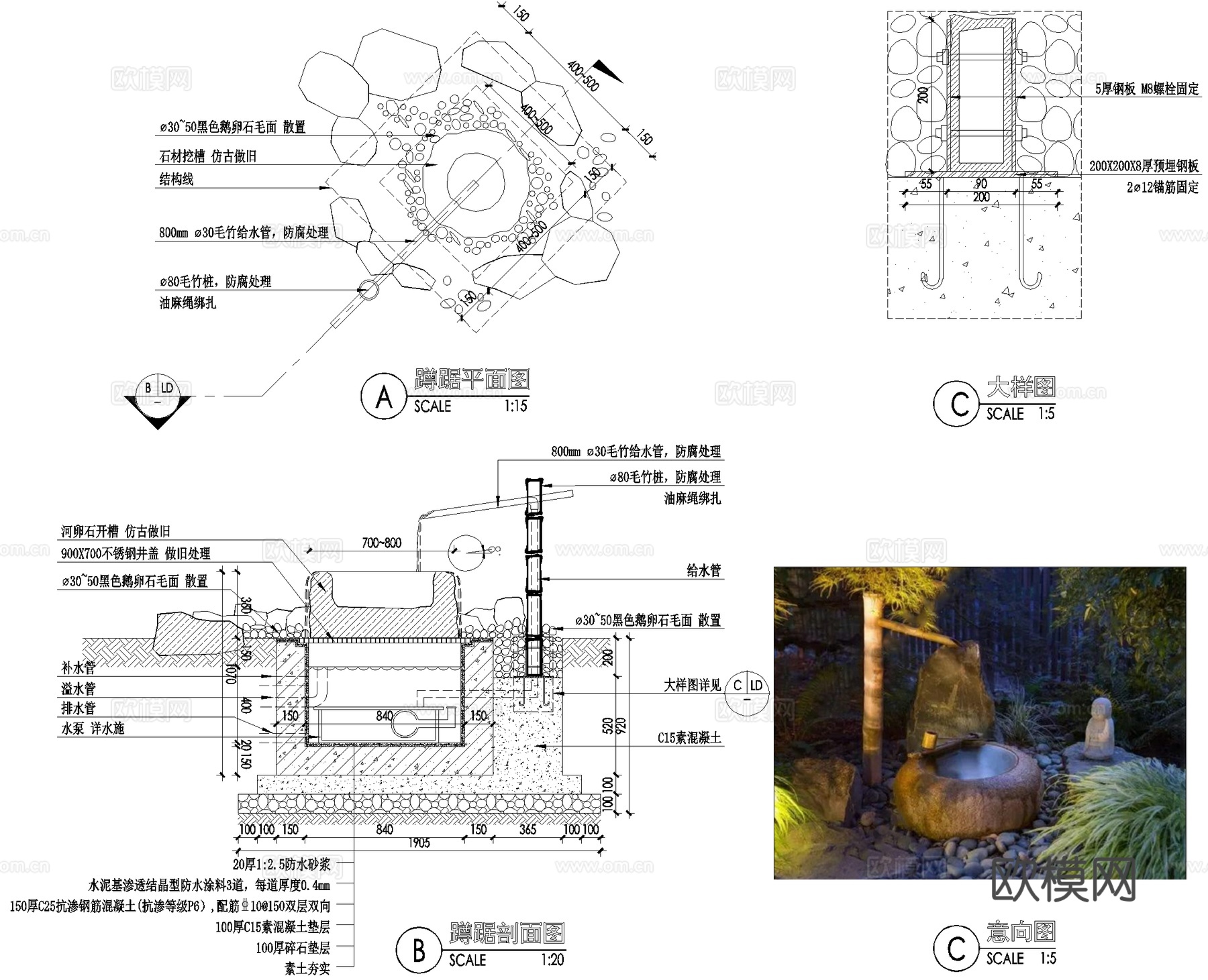 日式禅意蹲踞洗手钵水景石钵跌水水钵小品CAD施工图cad施工图