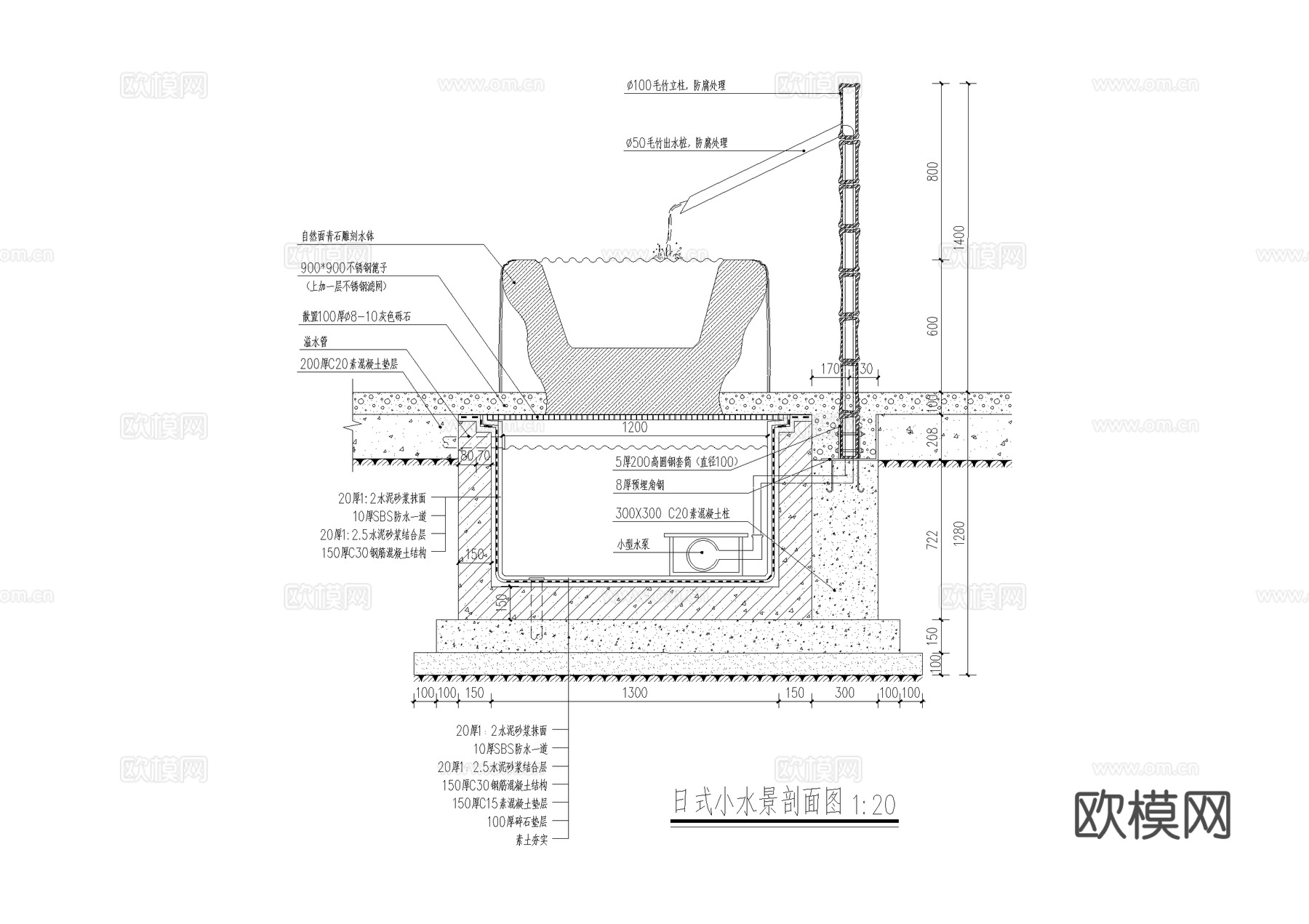 日式禅意 蹲踞 惊鹿 石钵水钵 洗手钵 跌水景观小品 施工图cad施工图