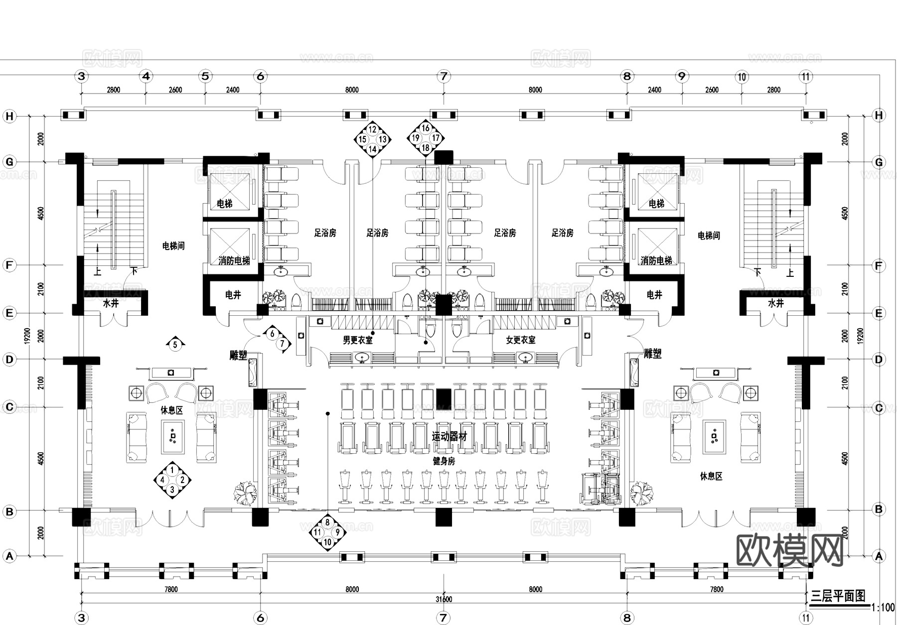 东城四季公寓大堂及健身室室内装饰CAD施工图集cad施工图cad施工图