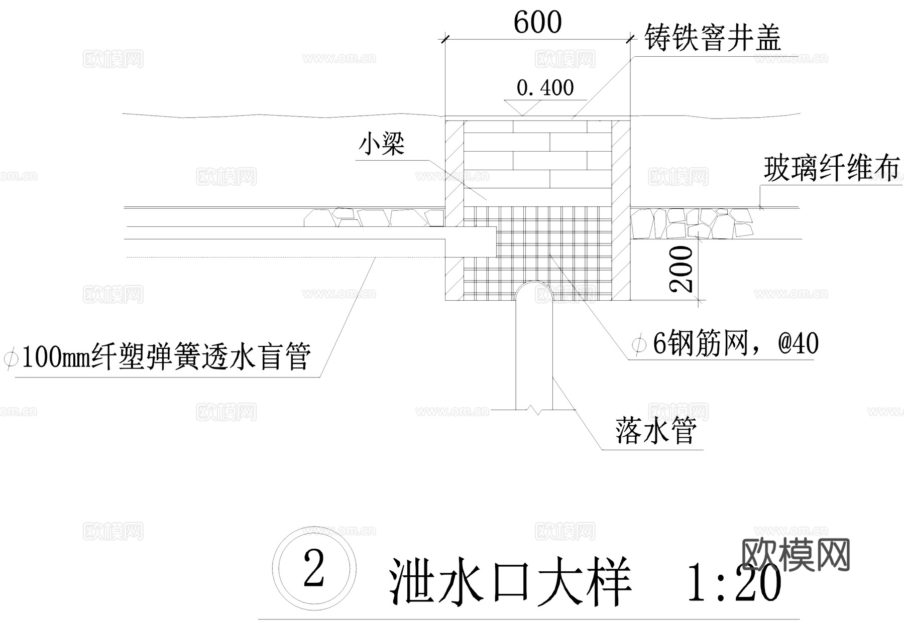 屋面透水盲管布置 排水盲沟 泄水口 排水管节点 建筑给排水cad施工图cad施工图