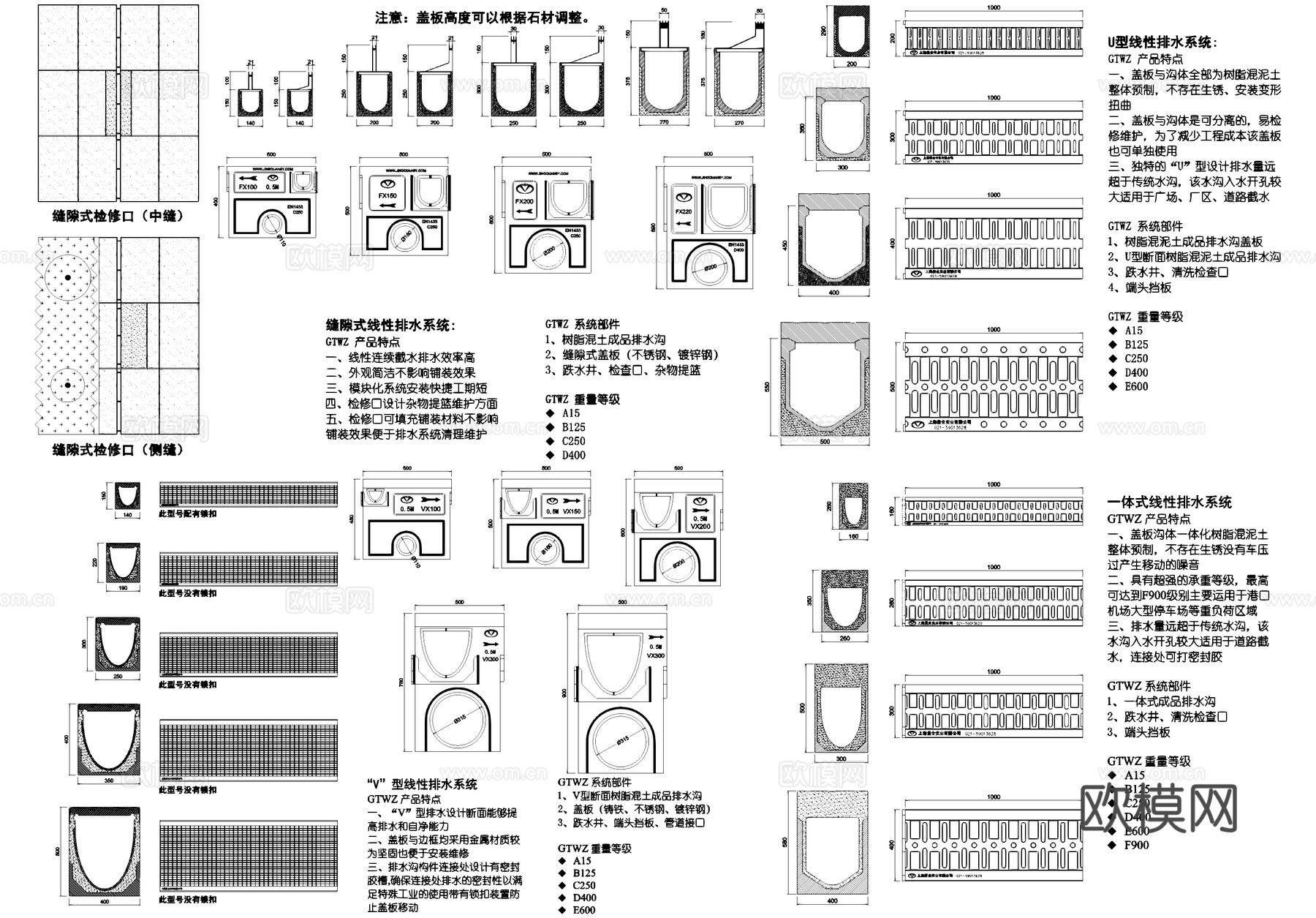 线性排水沟 缝隙式检修口 盖板 排水系统图块图库cad施工图