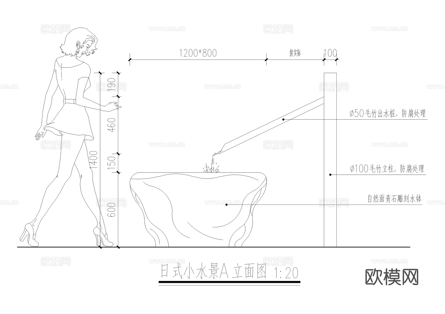 日式禅意 蹲踞 惊鹿 石钵水钵 洗手钵 跌水景观小品 施工图cad施工图