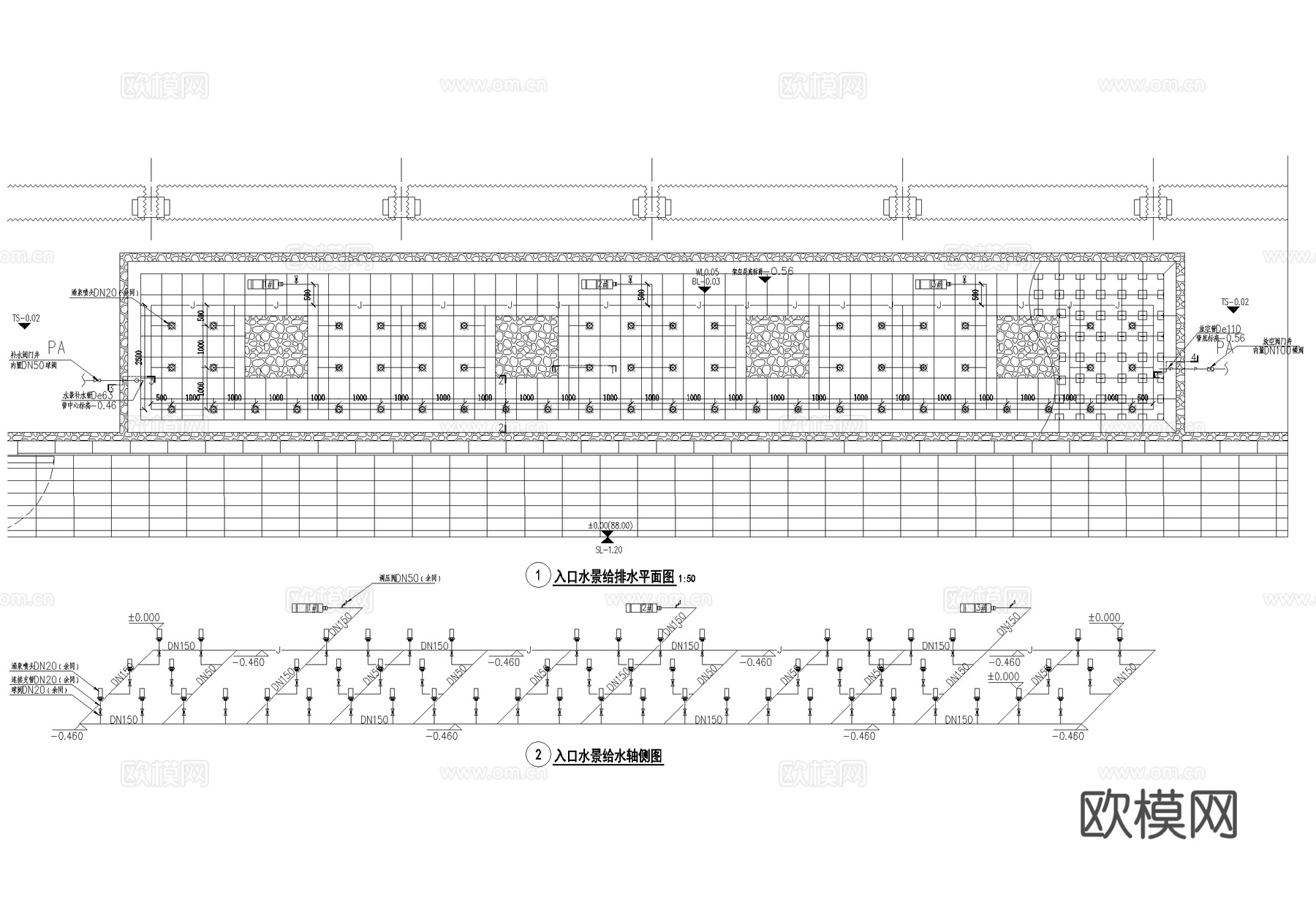 景观给排水入口水景 喷泉 雾喷 镜面水景 CAD施工图cad施工图cad施工图