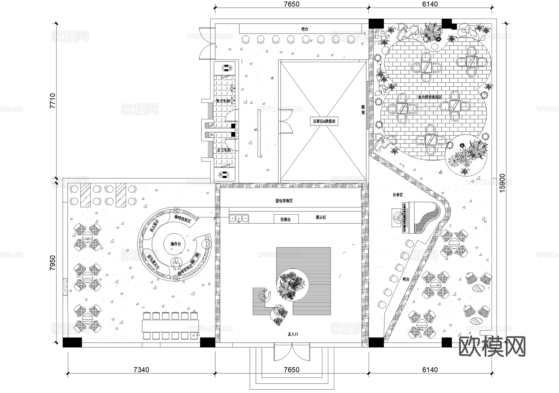 面包店平面图 甜品烘焙坊 咖啡厅cad施工图
