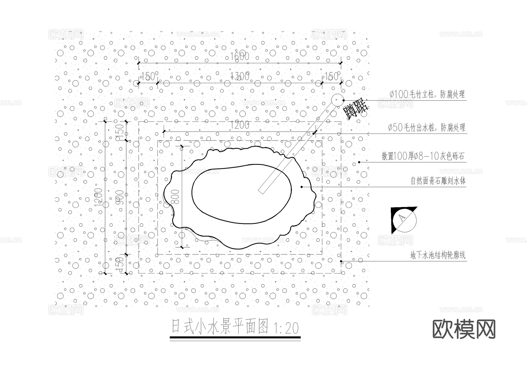 日式禅意 蹲踞 惊鹿 石钵水钵 洗手钵 跌水景观小品 施工图cad施工图
