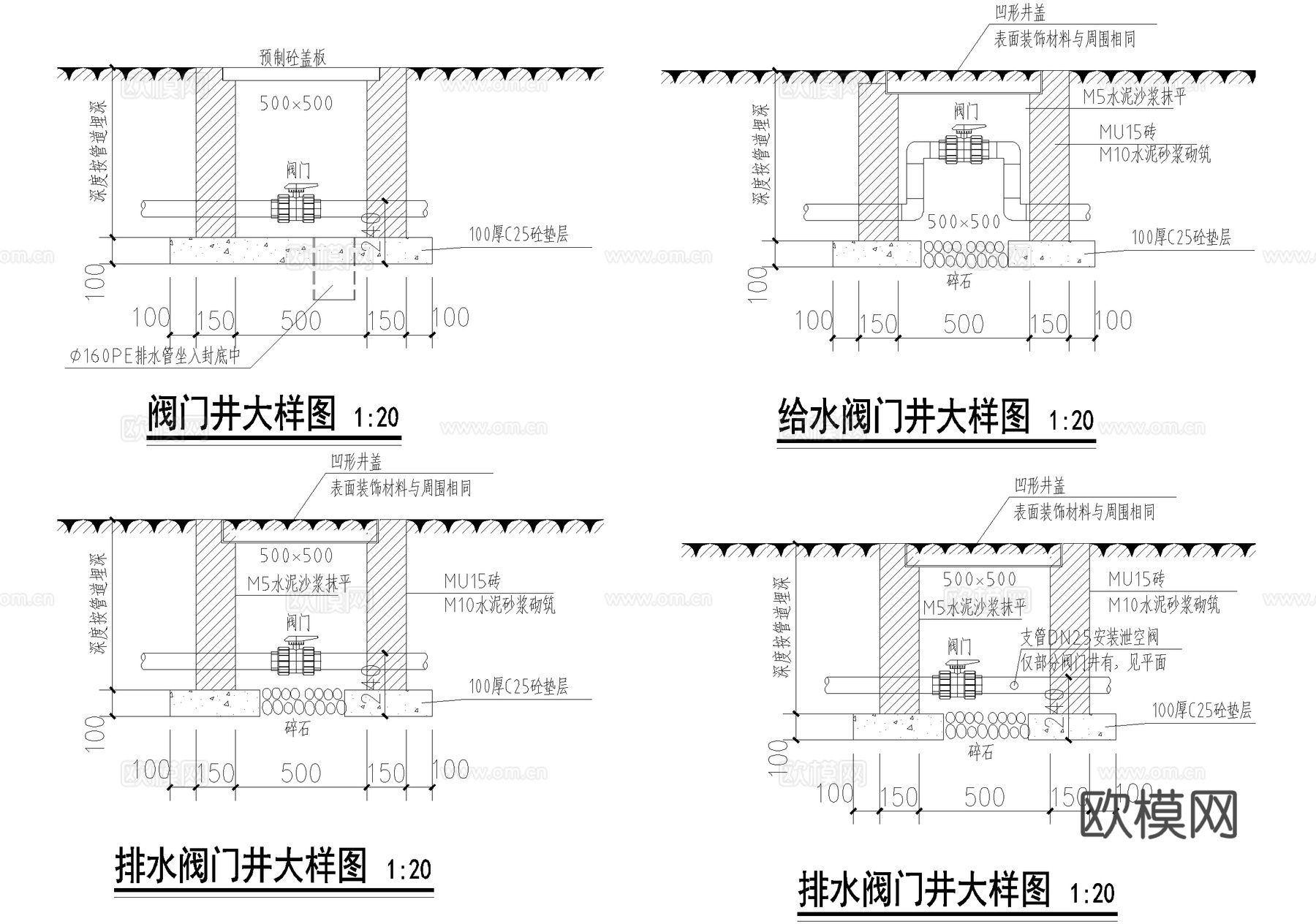 排水沟节点 雨水口节点 阀门井 快速取水阀水表 自动排气阀cad施工图