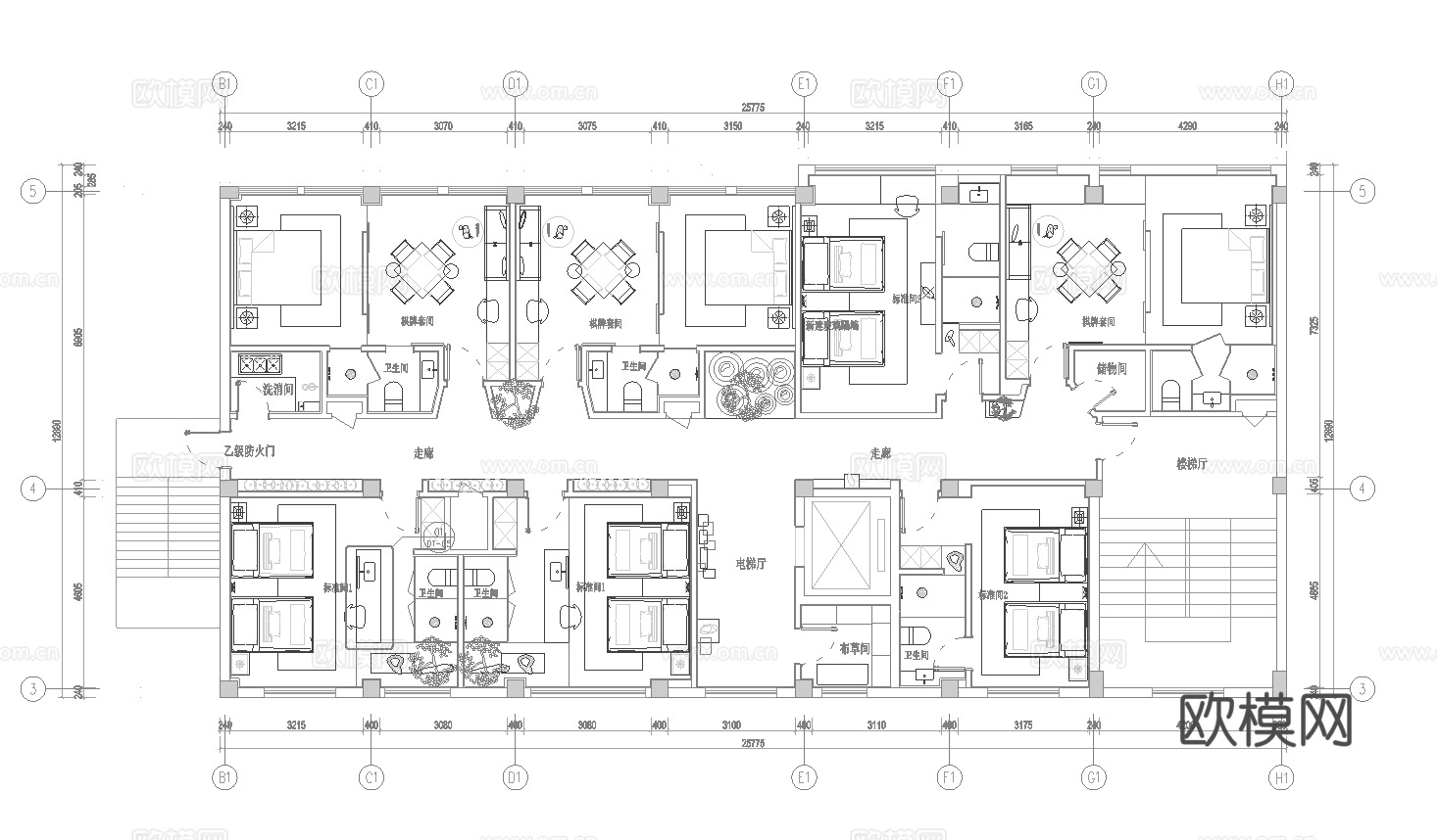 休闲娱乐民宿 最新全套施工图 效果图设计cad施工图