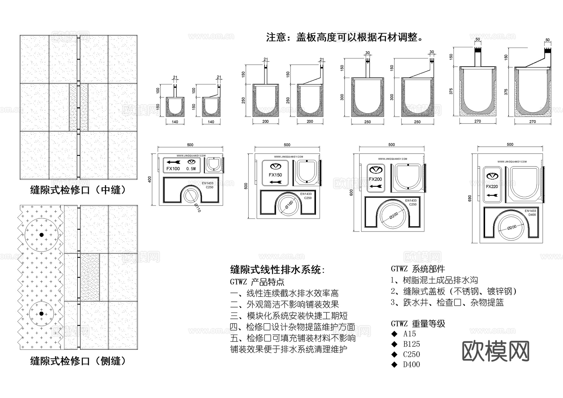 线性排水沟 缝隙式检修口 盖板 排水系统图块图库cad施工图