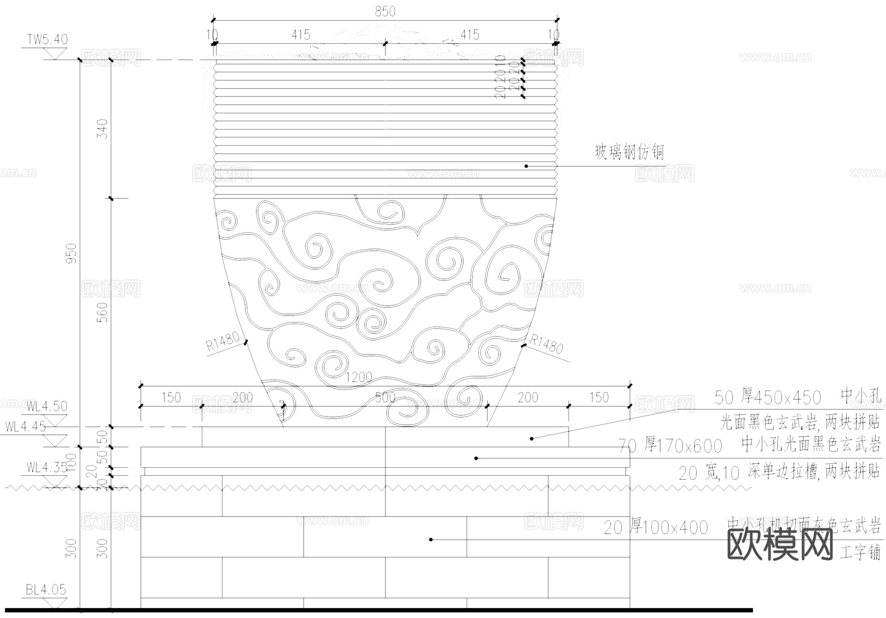 水缸水钵喷泉涌泉水景雕塑景观小品CAD施工图cad施工图