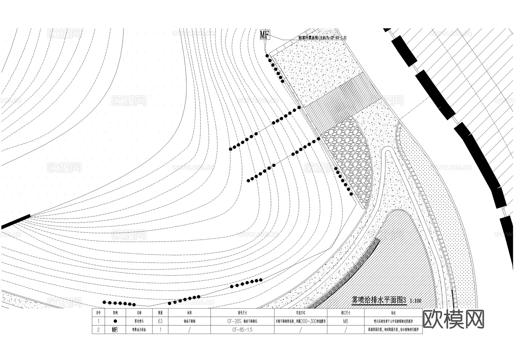 景观给排水雾喷平面图 喷头安装大样 系统流程图 CADcad施工图