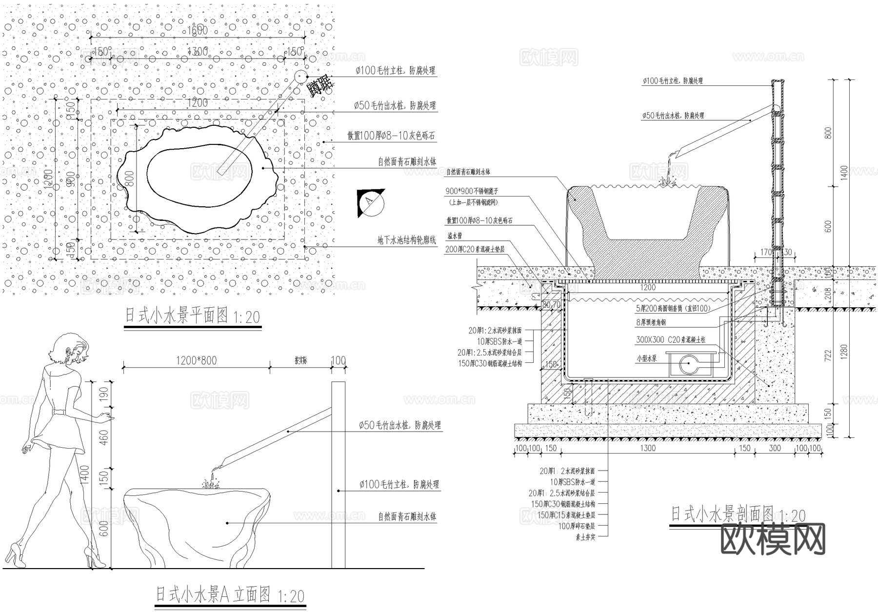 日式禅意 蹲踞 惊鹿 石钵水钵 洗手钵 跌水景观小品 施工图cad施工图