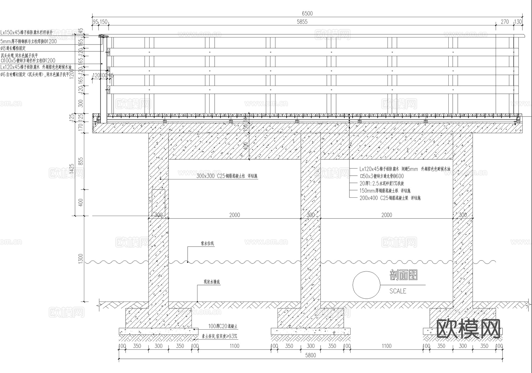木平台 出挑悬挑平台立面 观景台 亲水台 木栏杆cad施工图
