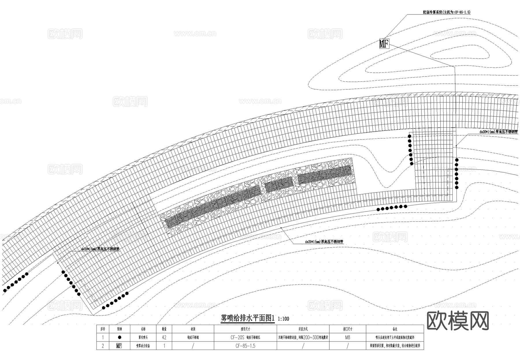 景观给排水雾喷平面图 喷头安装大样 系统流程图 CADcad施工图