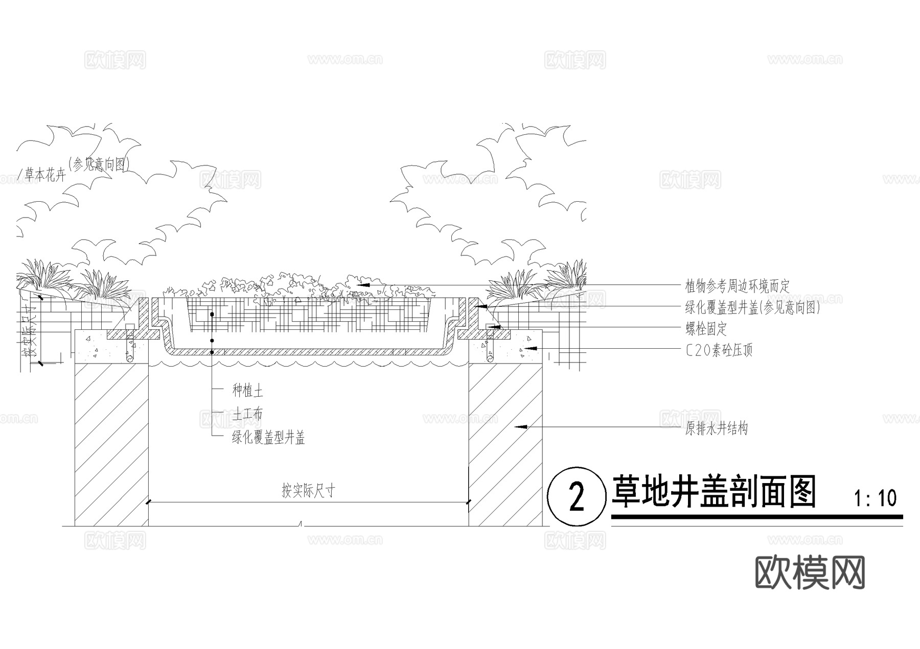 井盖节点 绿化覆盖型井盖 草地井盖 盖板 CAD施工图cad施工图