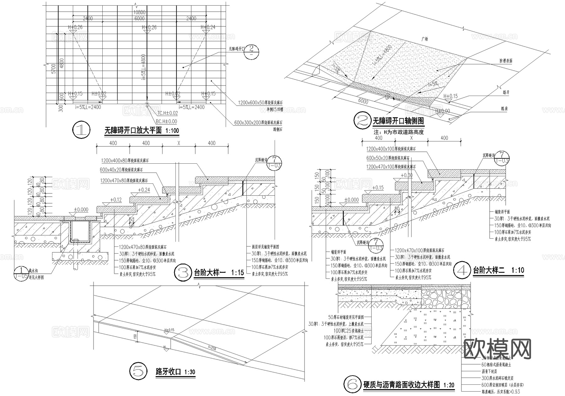 排水沟节点 截水沟 景观台阶 无障碍开口 硬质沥青路面收边cad施工图