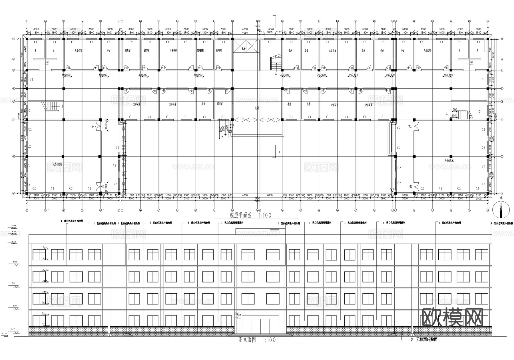 四层写字楼办公楼建筑cad施工图