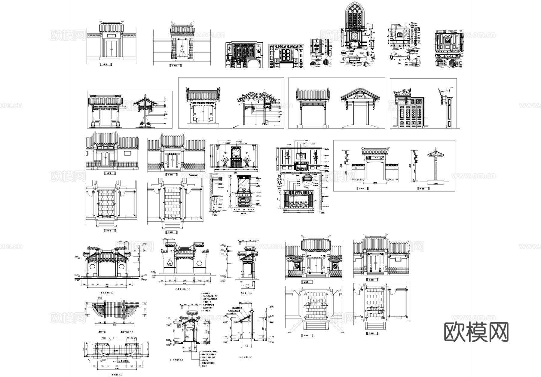 中式门头垂花门牌楼花格雕花CAD施工详图集cad施工图