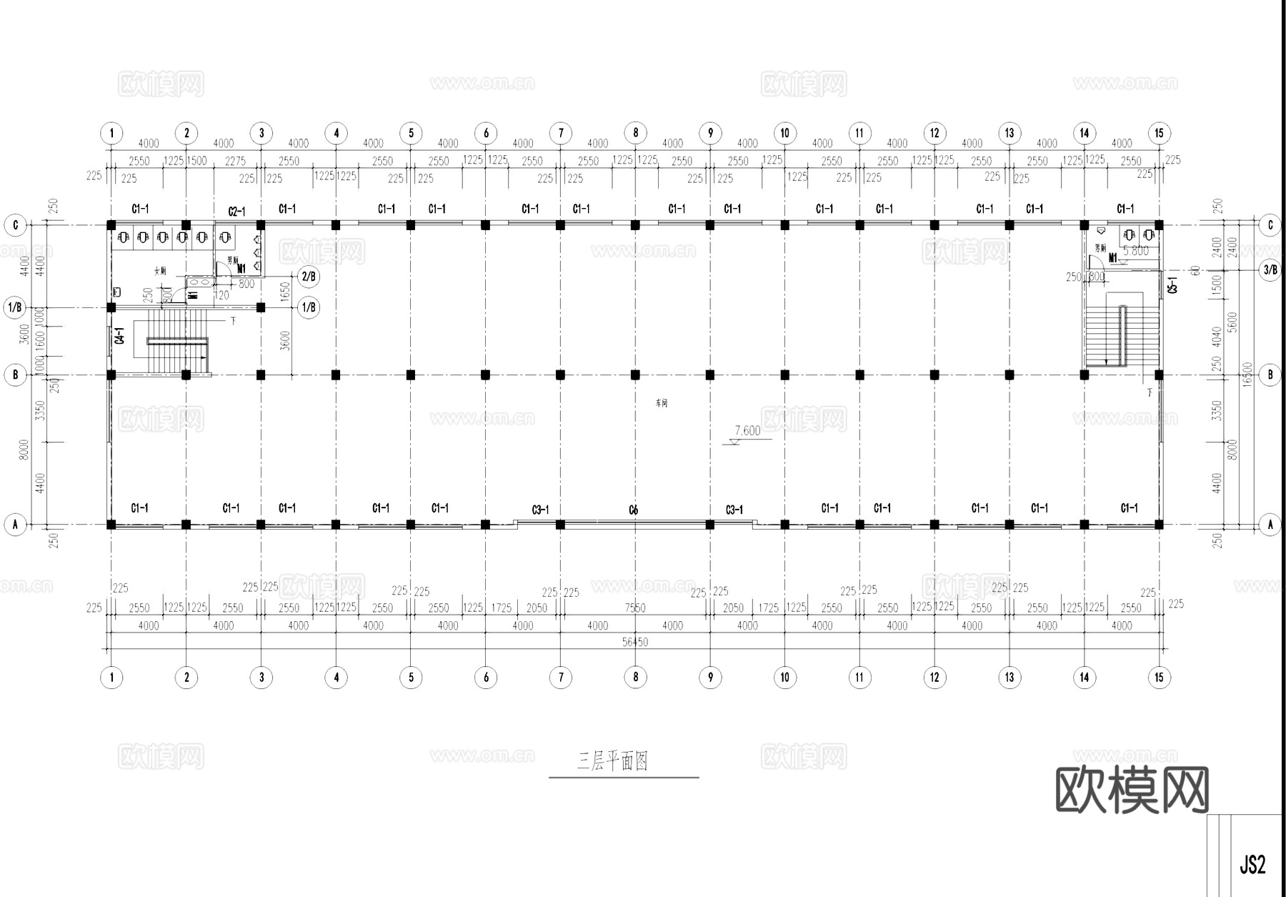 二级耐火七度抗震车间厂房工业建筑CAD施工图cad施工图