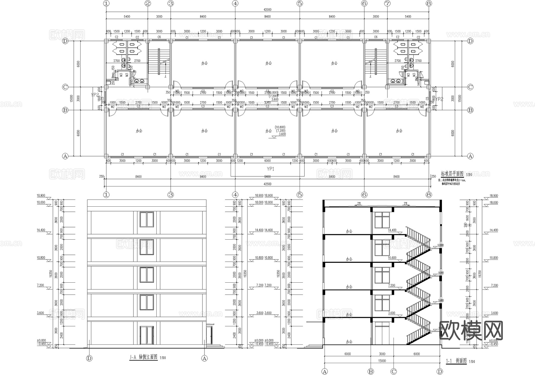 五层商务写字楼办公楼建筑cad施工图