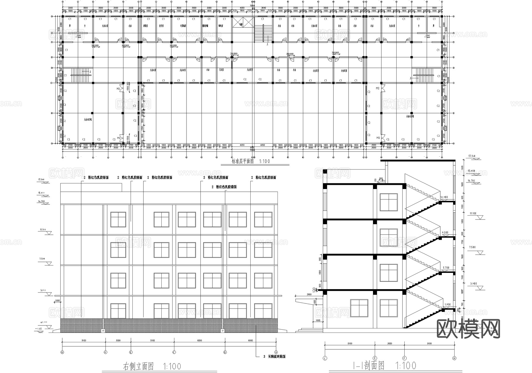 四层写字楼办公楼建筑cad施工图