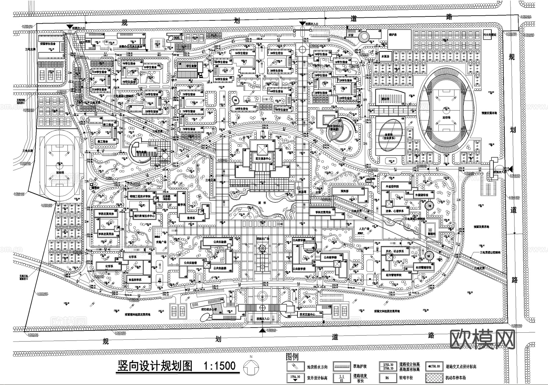 校园景观 大学校区总平面图 竖向设计规划图cad施工图