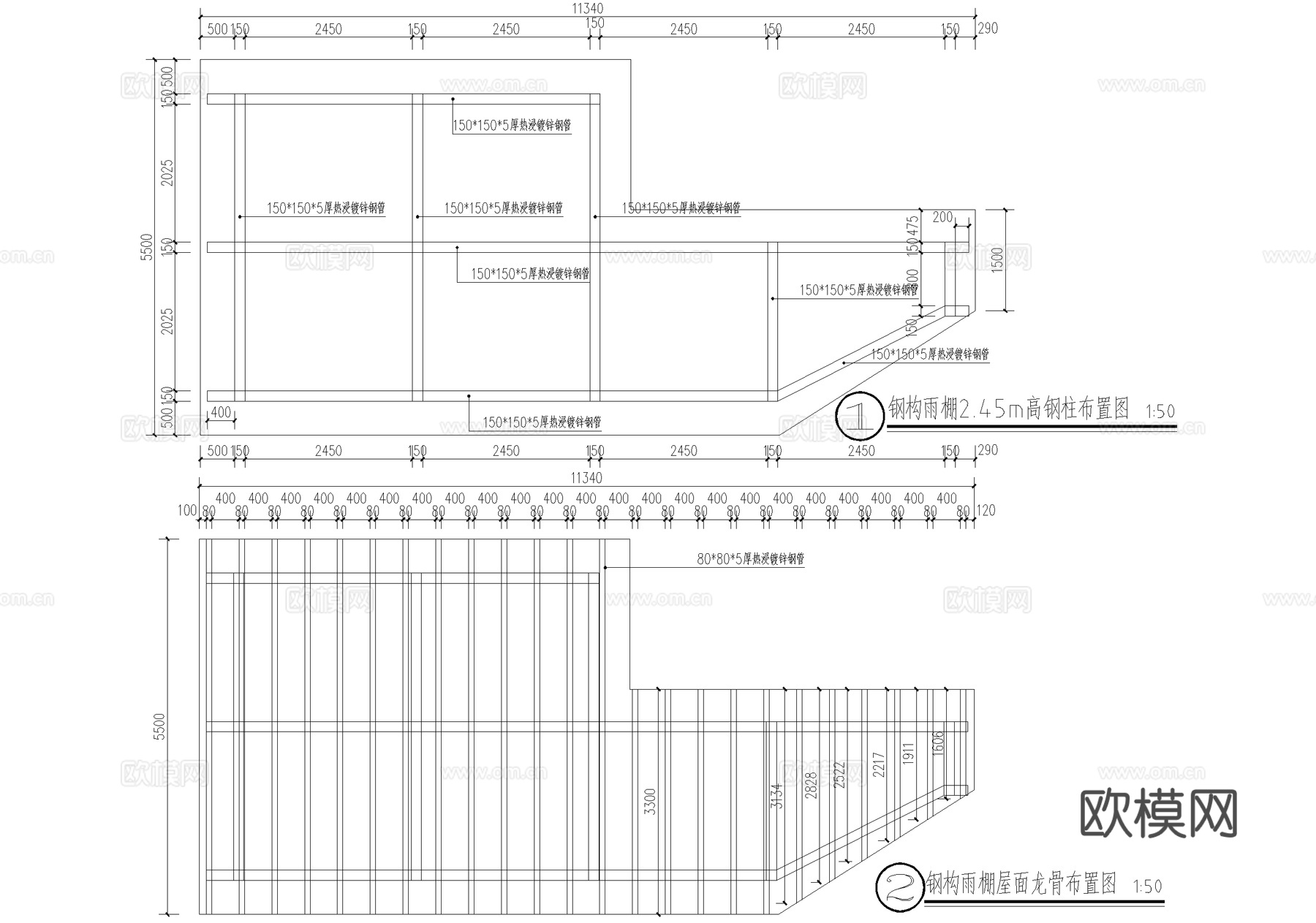 钢结构雨棚 遮阳棚cad施工图