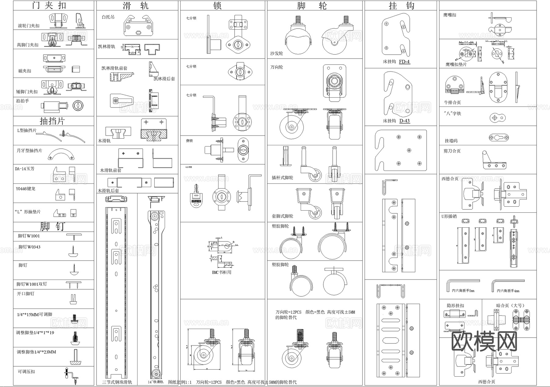 五金管件 螺丝门锁门把手 螺杆滑轨脚轮挂钩 合页螺母夹扣脚钉cad施工图