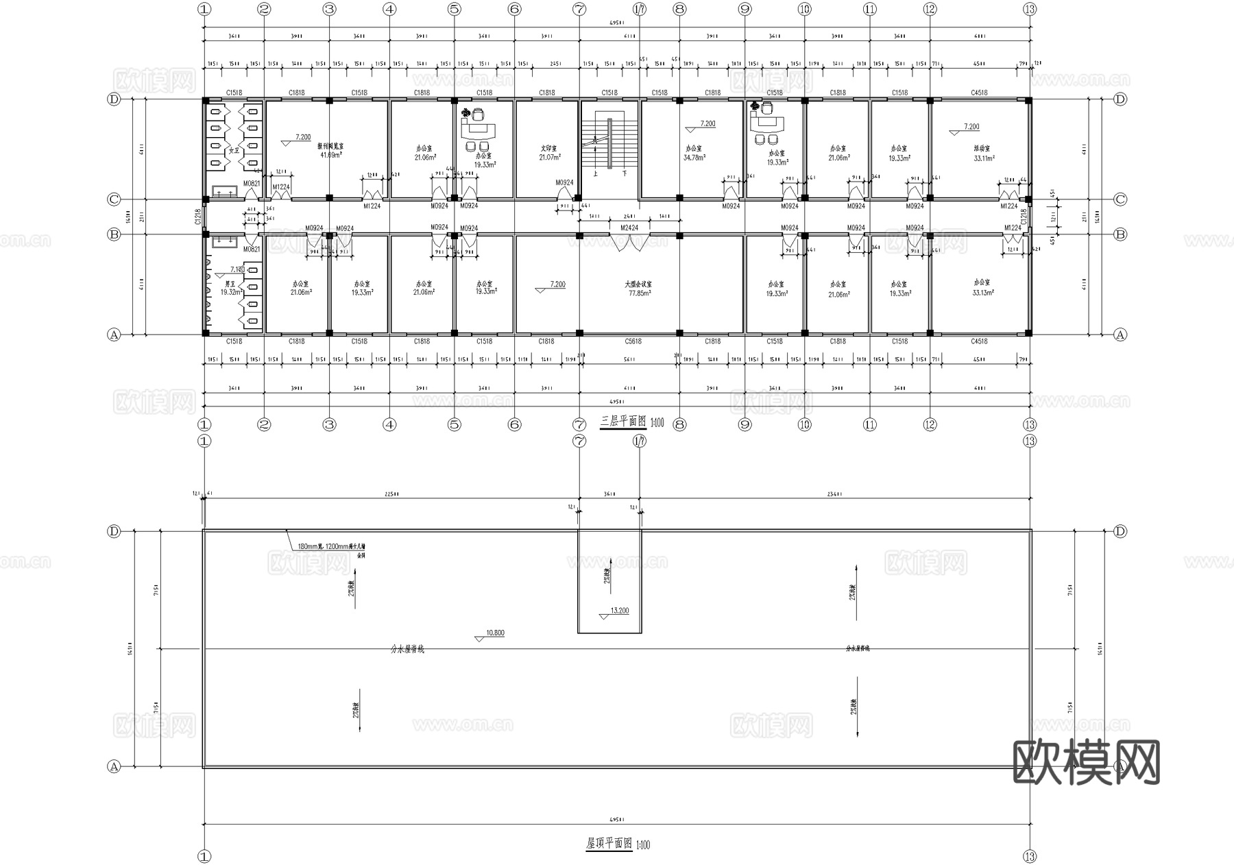 三层工业园区办公楼建筑cad施工图