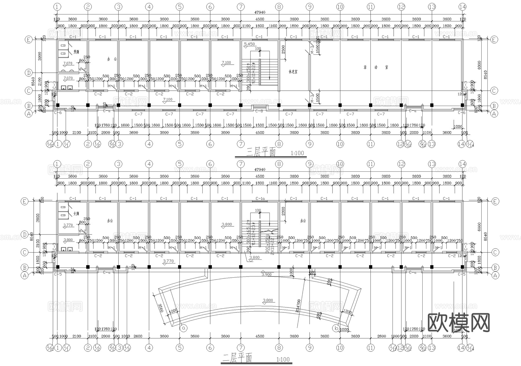 三层政府办公大楼建筑cad施工图