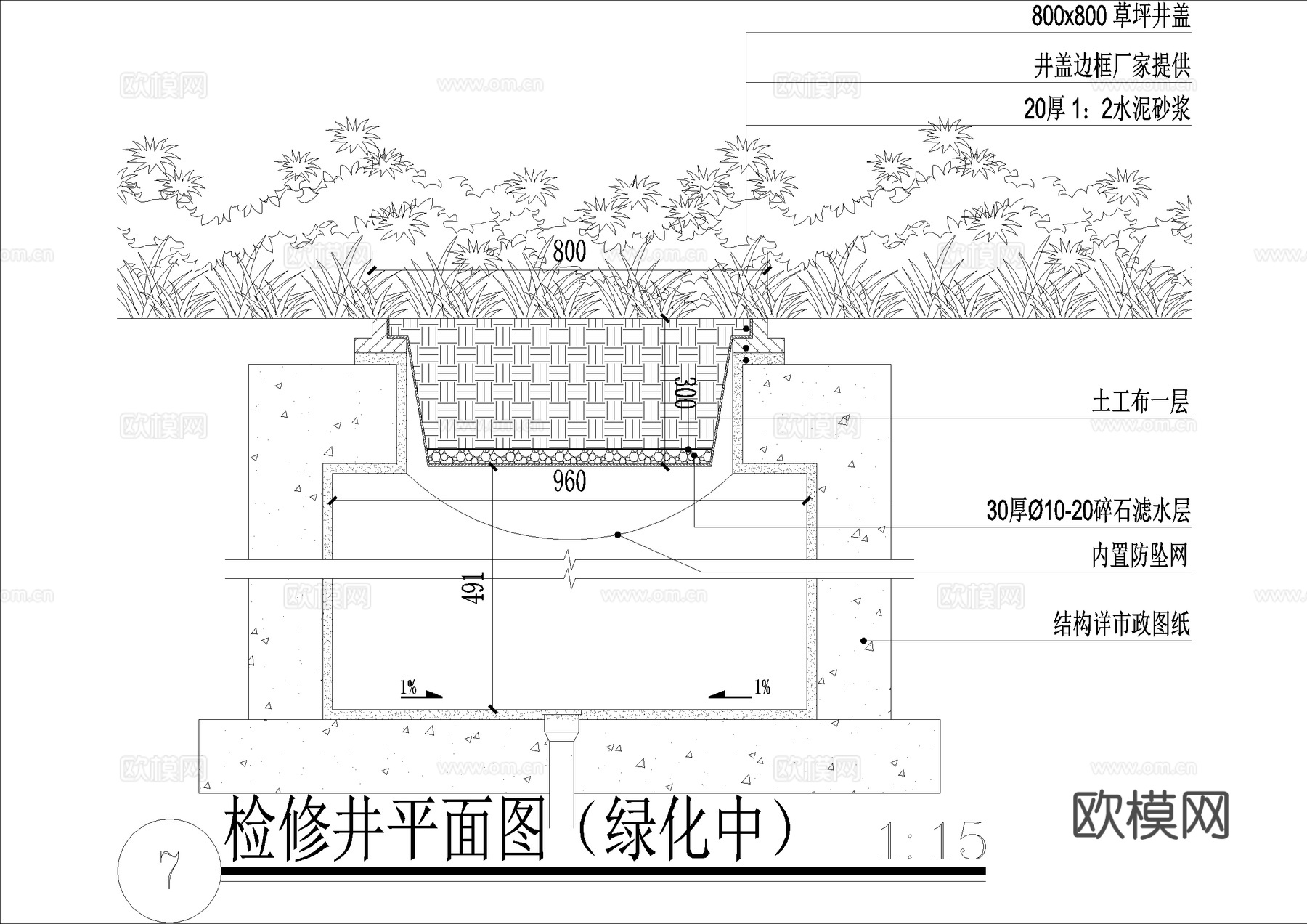 检修井 井盖节点 绿化盖板 给排水节点详图cad施工图