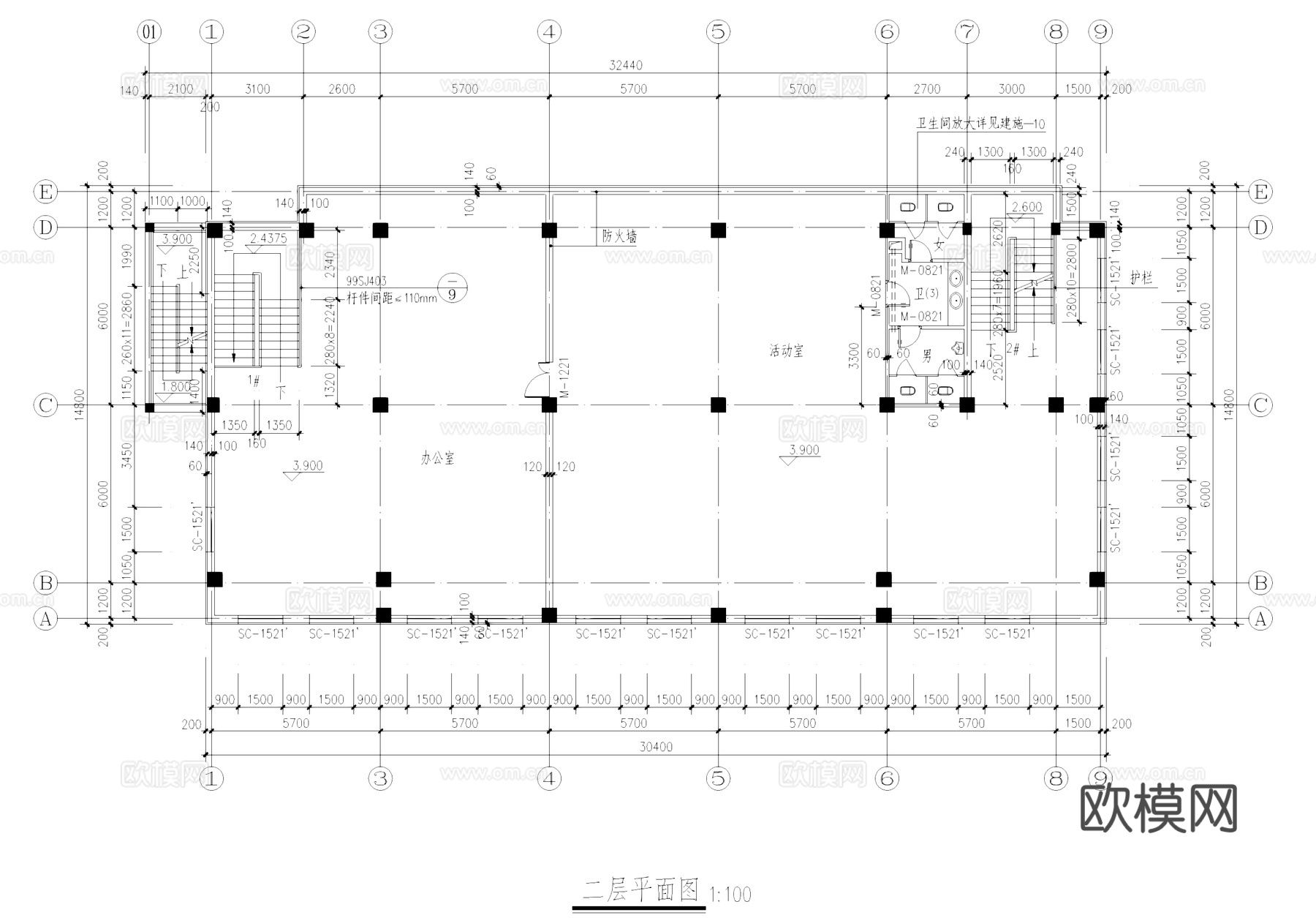 职工活动中心建筑CAD施工图cad施工图