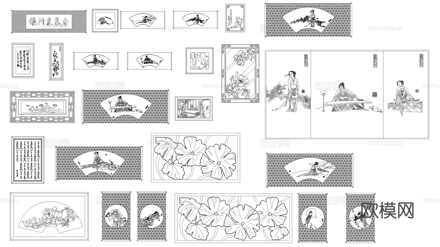 中式画卷画窗图块图库CAD施工图cad施工图