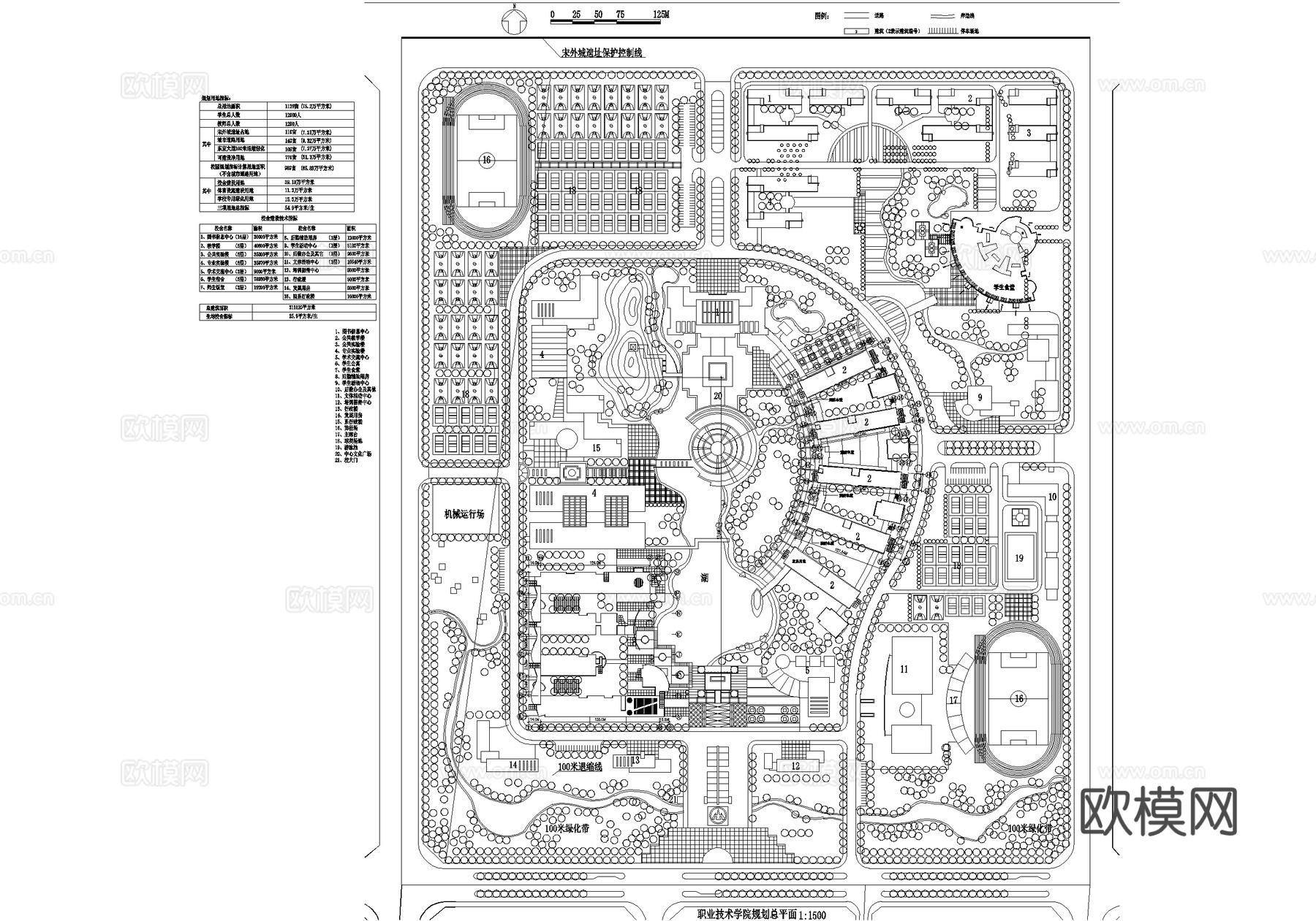 校园景观 职业技术学院学校 校区规划总平面图cad施工图