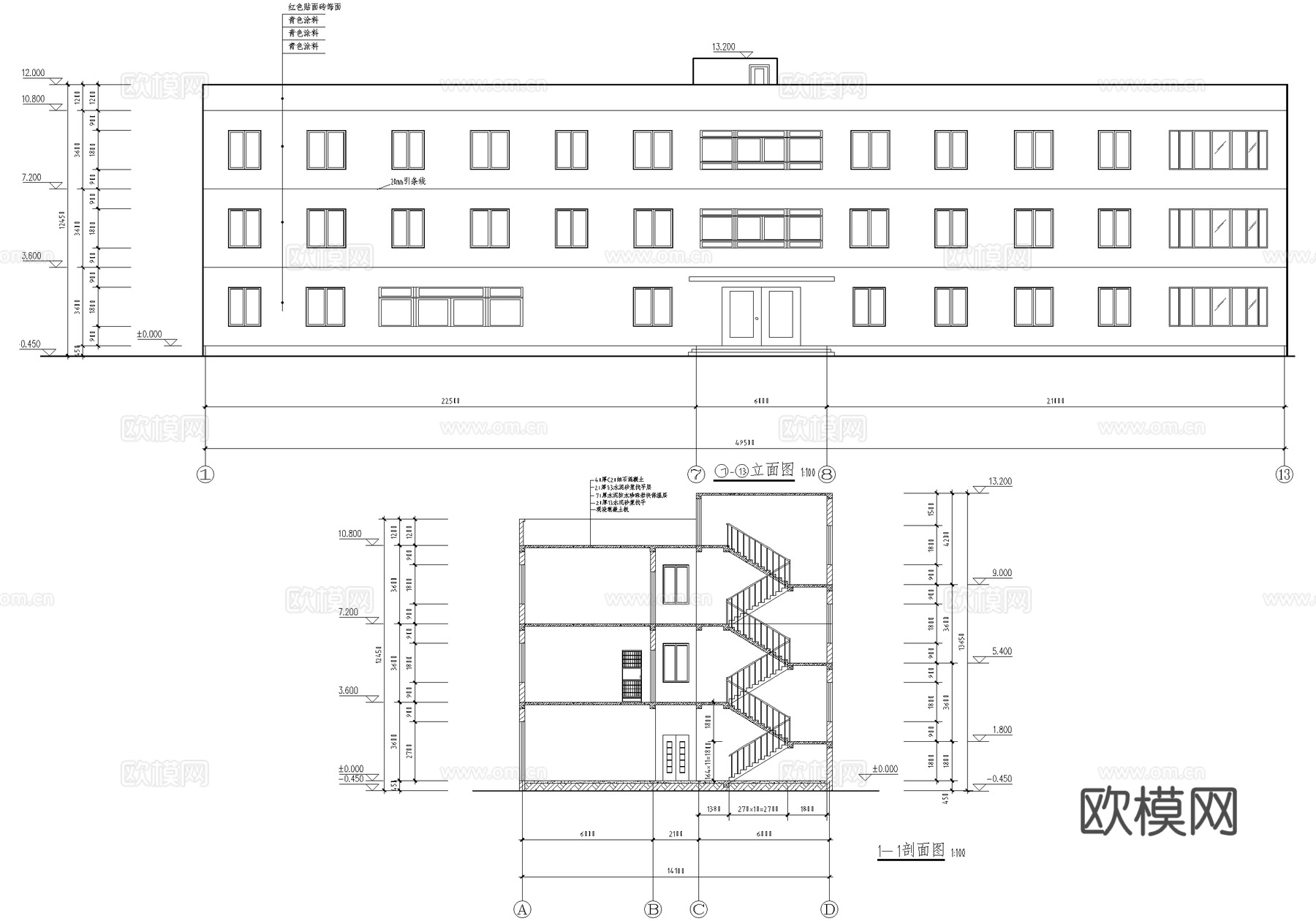 三层工业园区办公楼建筑cad施工图