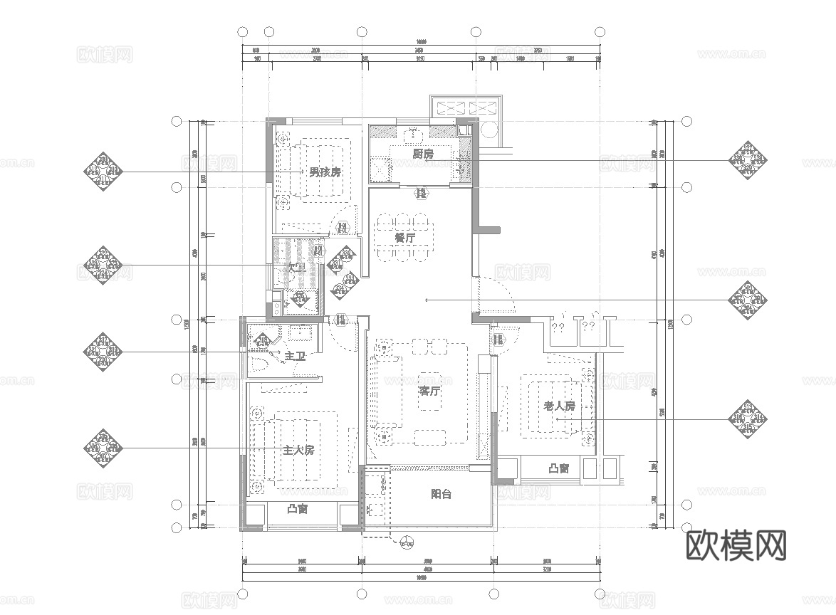三室一厅样板间 最新全套施工图设计cad施工图