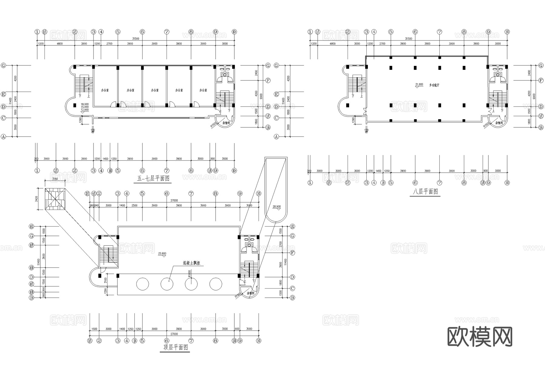 多层办公楼建筑平面图cad施工图