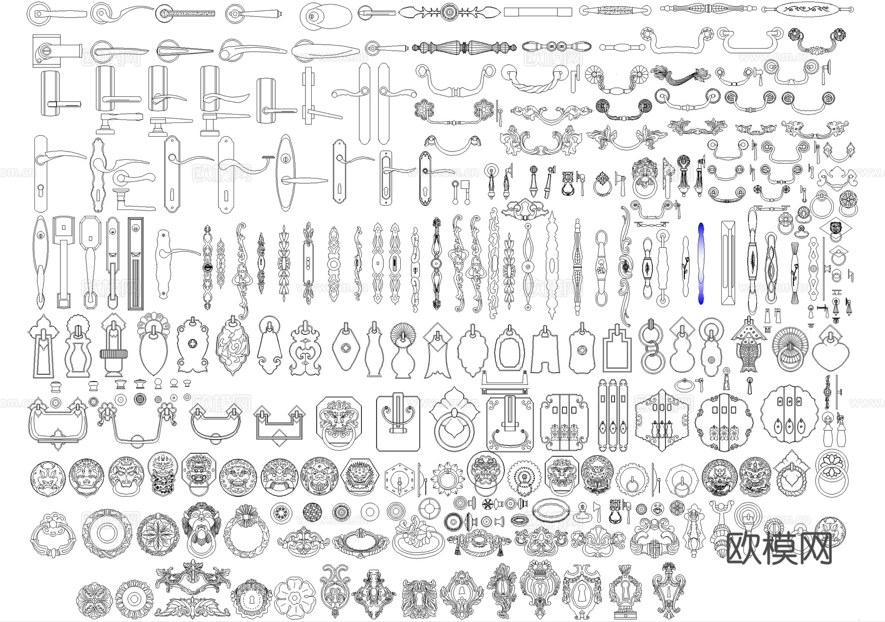 五金管件 门把手 门锁 门环门叩铺首响器 门拉手锁孔cad施工图